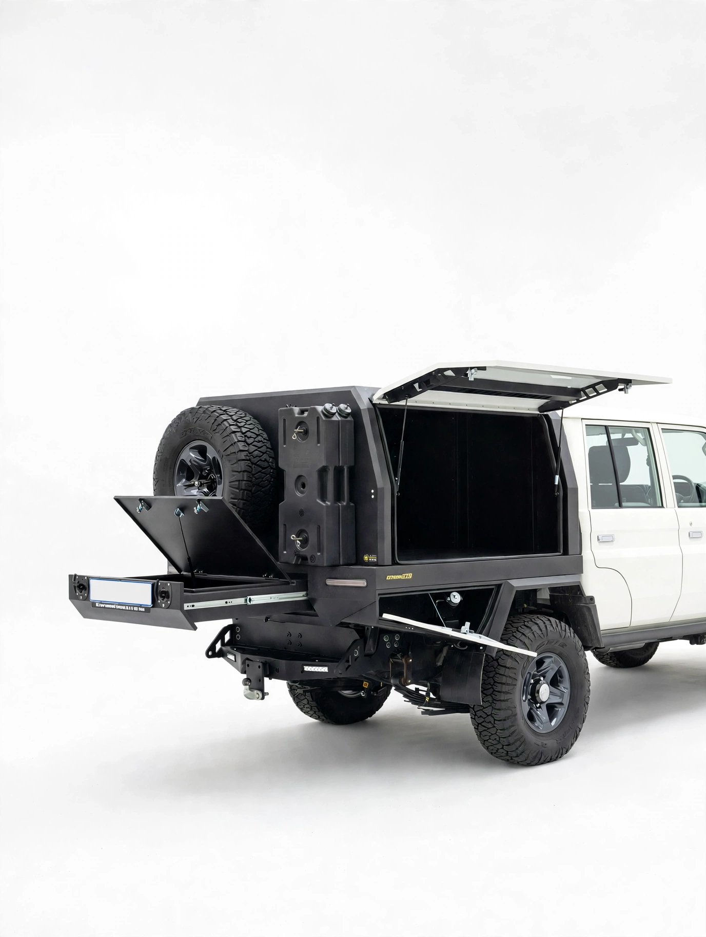 Canopy rear with swing-out spare wheel carrier and jerry can holders
