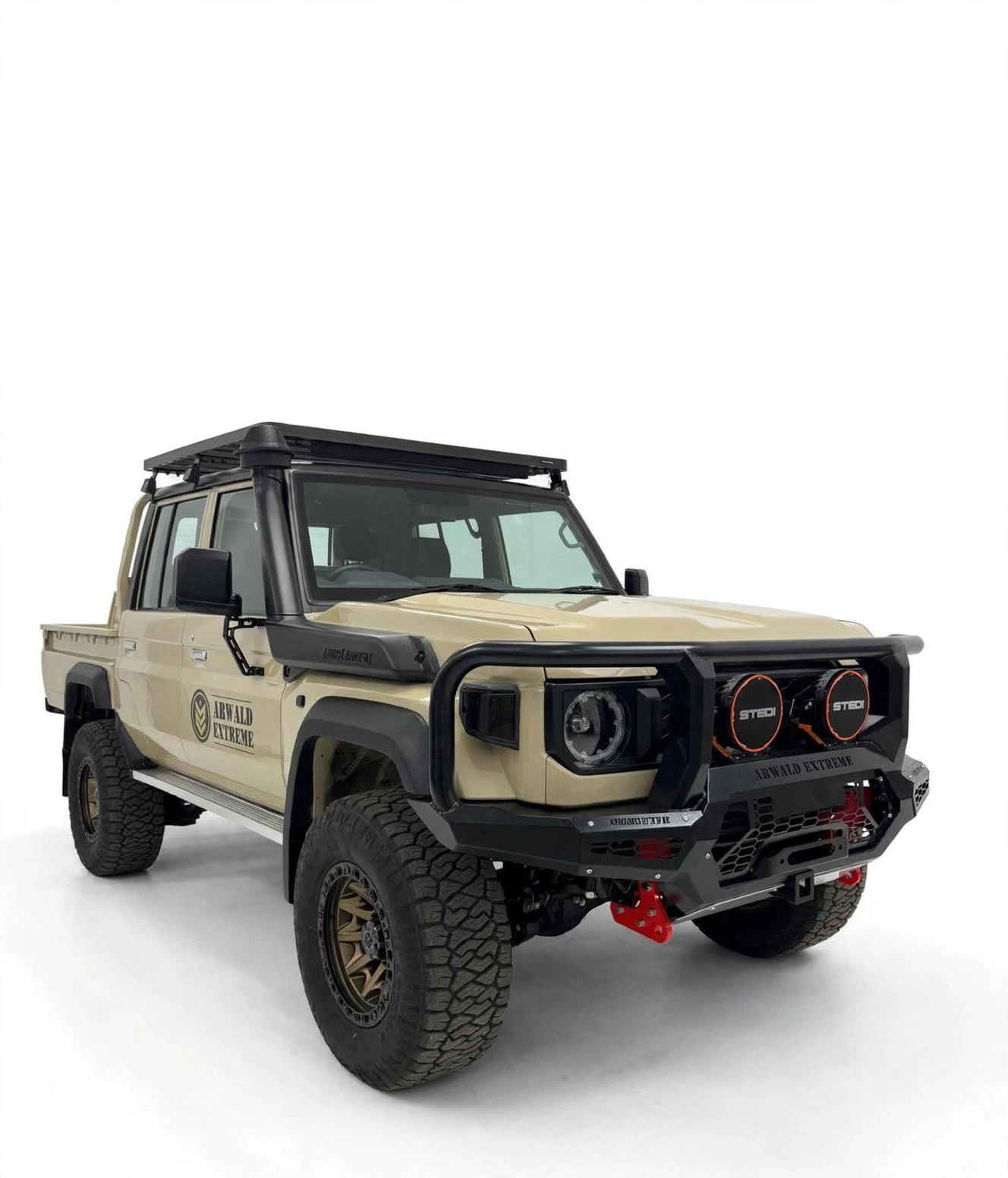 Beige Land Cruiser 79 single-cab in profile, showing ride height and mud-terrain tyres